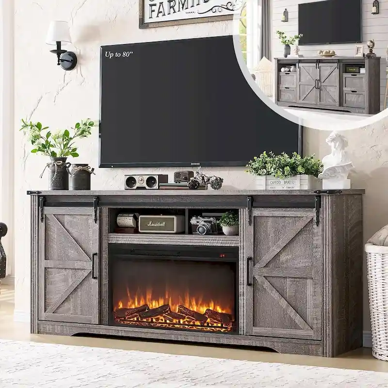 Farmhouse Fireplace TV Stand for 80 Inch TV, Entertainment Center