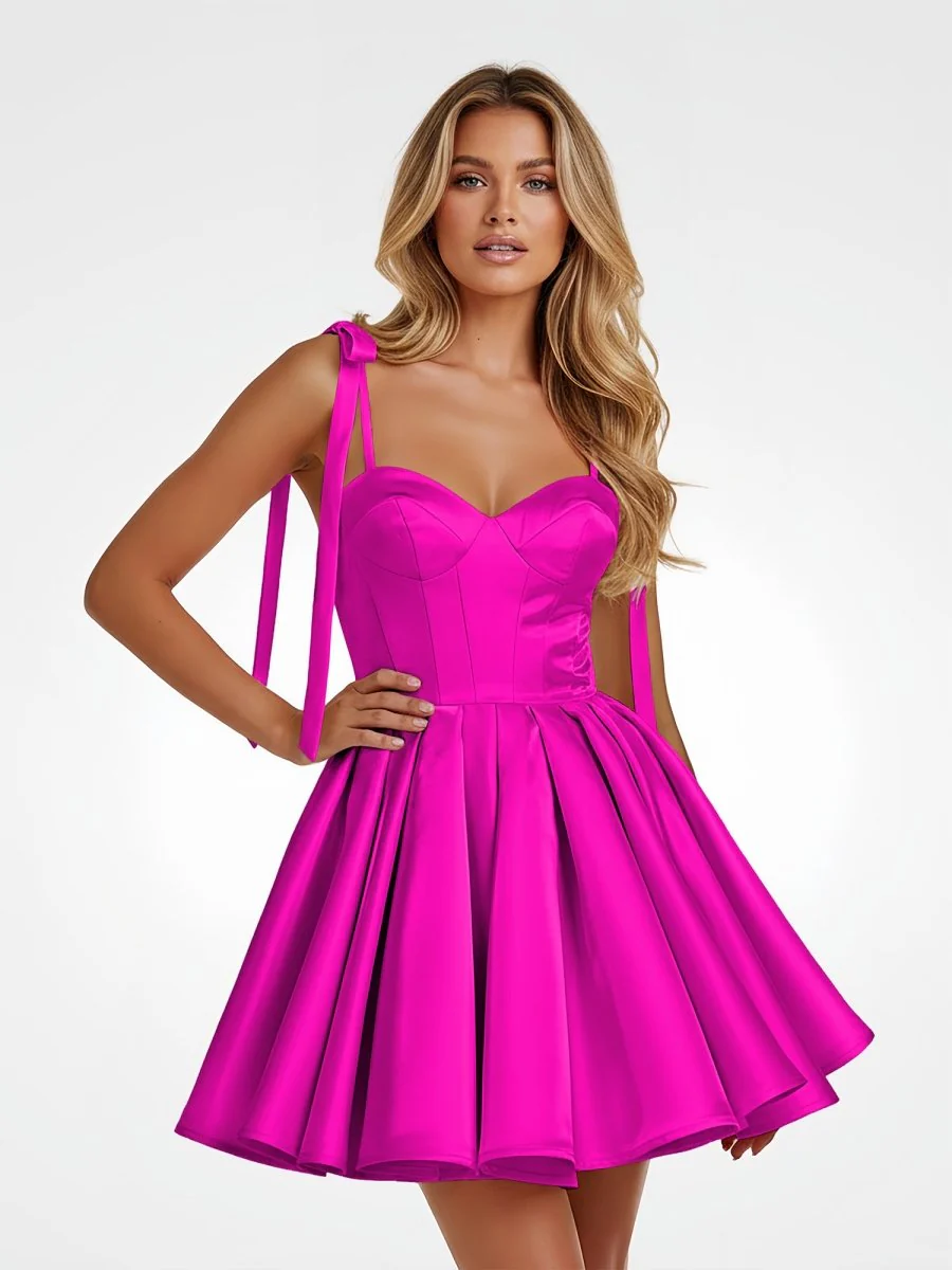 Fuchsia - Spaghetti Straps Satin Pleated A Line Homecoming Dresses With Bow