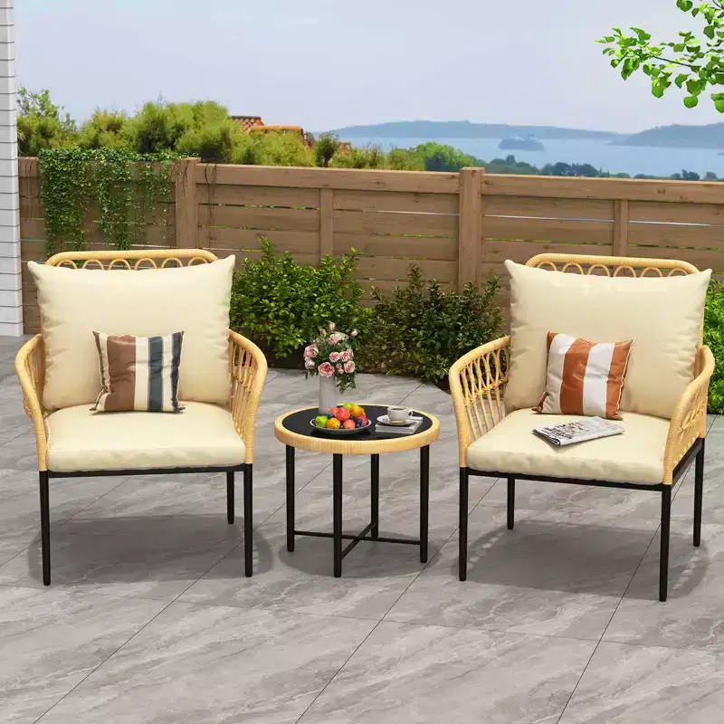 Bistro Set 3-Piece, Patio Conversation Set, All-Weather Wicker Outdoor Sectional Furniture Chairs with Table & Cushions, for Garden, Patio, Deck