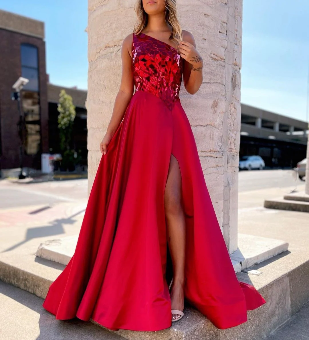 A Line One Shoulder Sequins Long Prom Dress with Slit