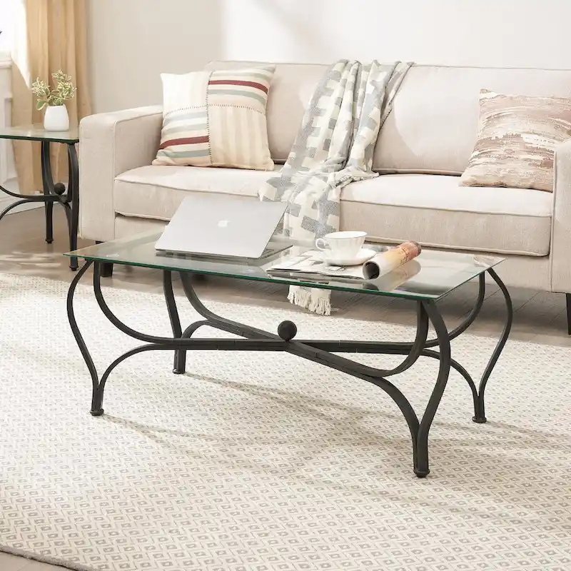 3-Piece Tempered Glass Coffee Table Set - Rectangle Coffee Table with 2 Square End Side Tables