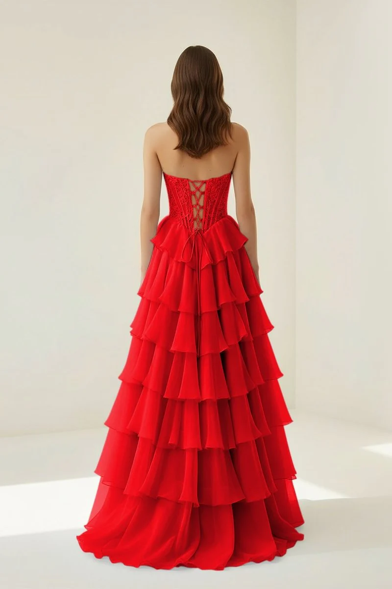 Red - Strapless A Line Chiffon Ruffled Prom Dresses With Appliques