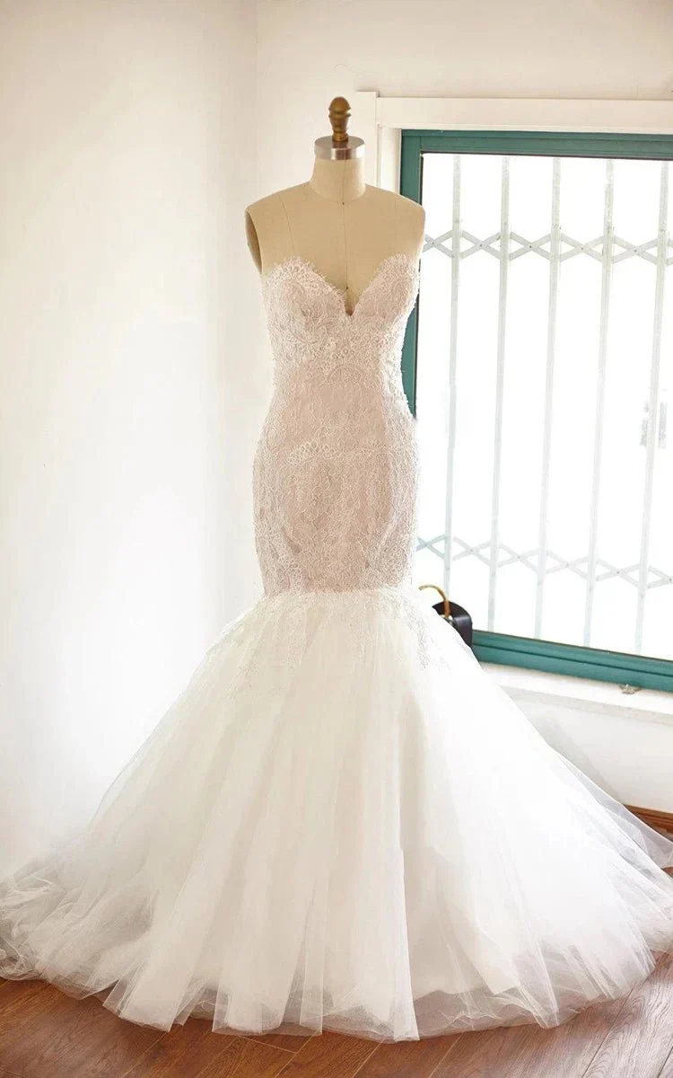 Mermaid Sweetheart Sleeveless Tulle Lace Wedding Dress with Beading