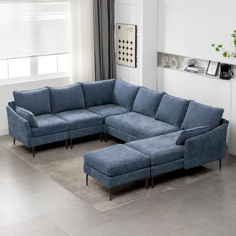 U-Shaped 6-Seat Sectional Sofa, Reversible Sleeper in Modern Chenille Design, with Chaise Lounge and Ottoman