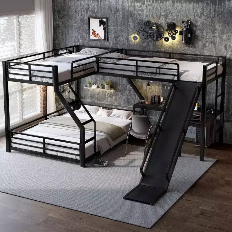 L-Shaped Twin XL over Queen Bunk Bed with Twin Size Loft Bed, Metal Triple Bunk Bed with Slide and USB Ports, Black