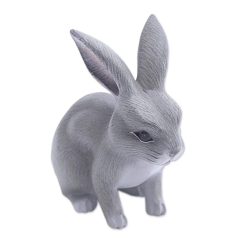 Wood sculpture, 'Inquisitive Grey Rabbit' - 5  H x 2.6  W