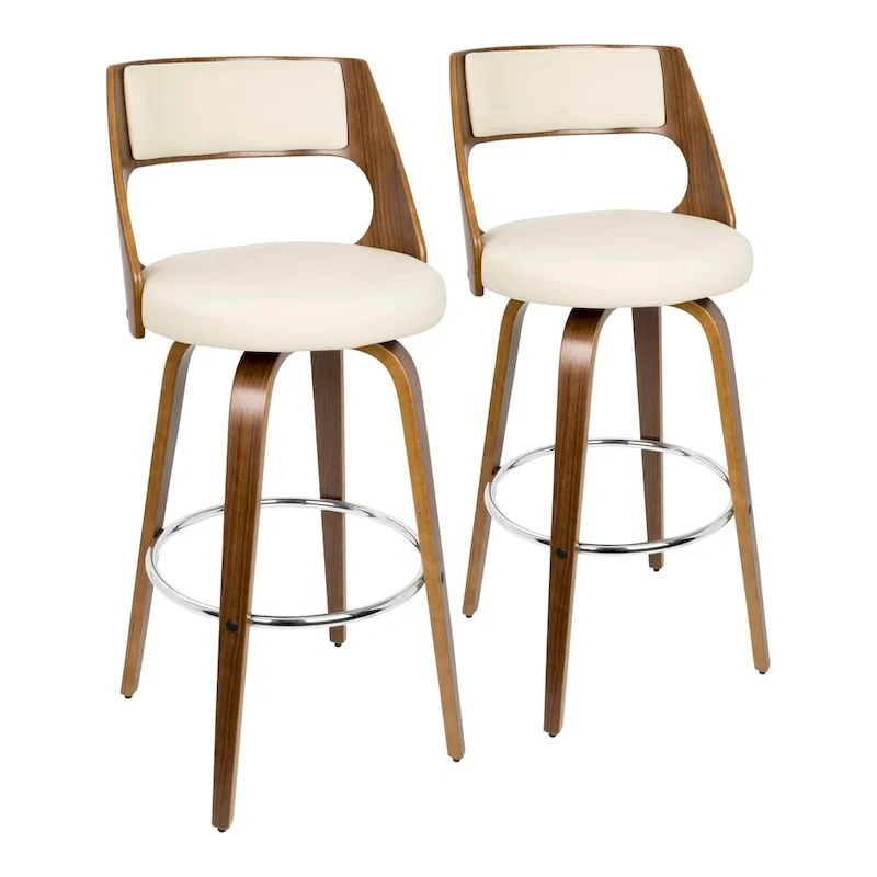 Cream/Brown/Grey Faux Leather Swivel Bar Stool, Wood Legs, Set of 2