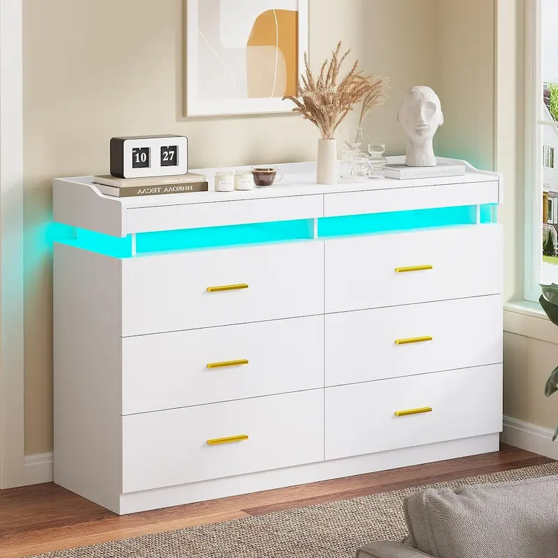 6 Drawer Dresser 2 Pull-Out Tray LED Light Chest of Drawers