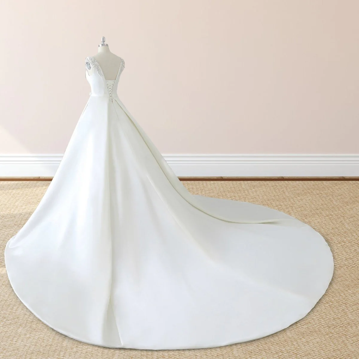 White Satin Cap Sleeve Lace-Up Wedding Dress With Pearls