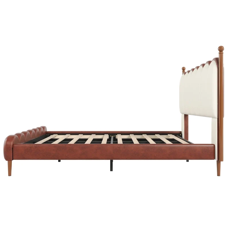 Leather Upholstered Bed with Headboard & Footboard, Solid Wood Slats & Legs