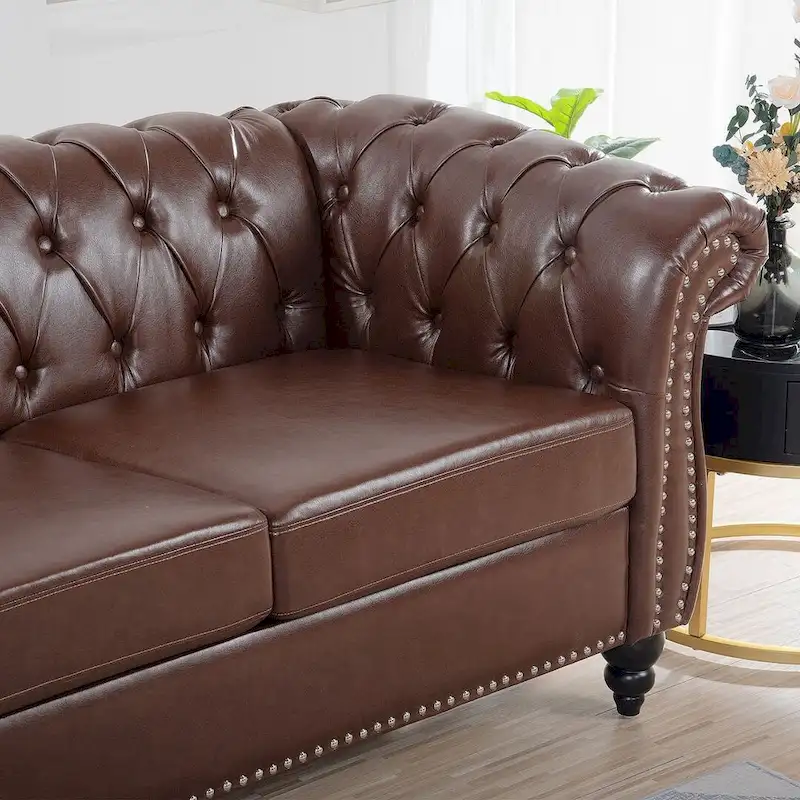 Tufted Sofa - Faux Leather, Rolled Arms Design, Seats 3