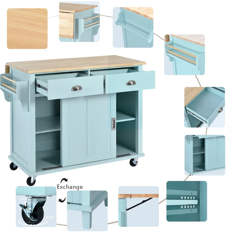 Kitchen Cart With Rubber Wood Drop-Leaf Countertop(no include stool)