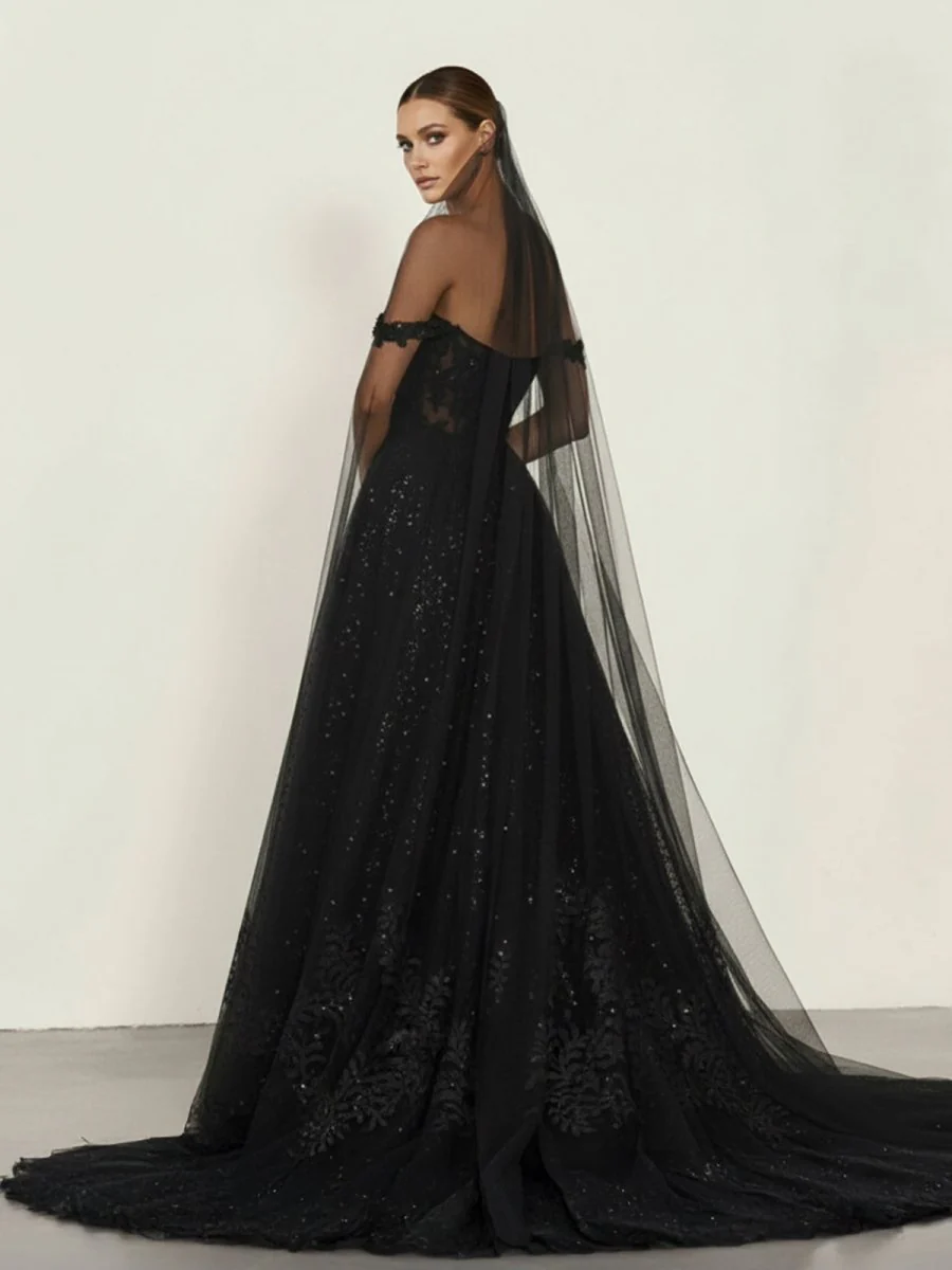 A-Line Black Gothic Wedding Dresses with Sequin Lace Appliques