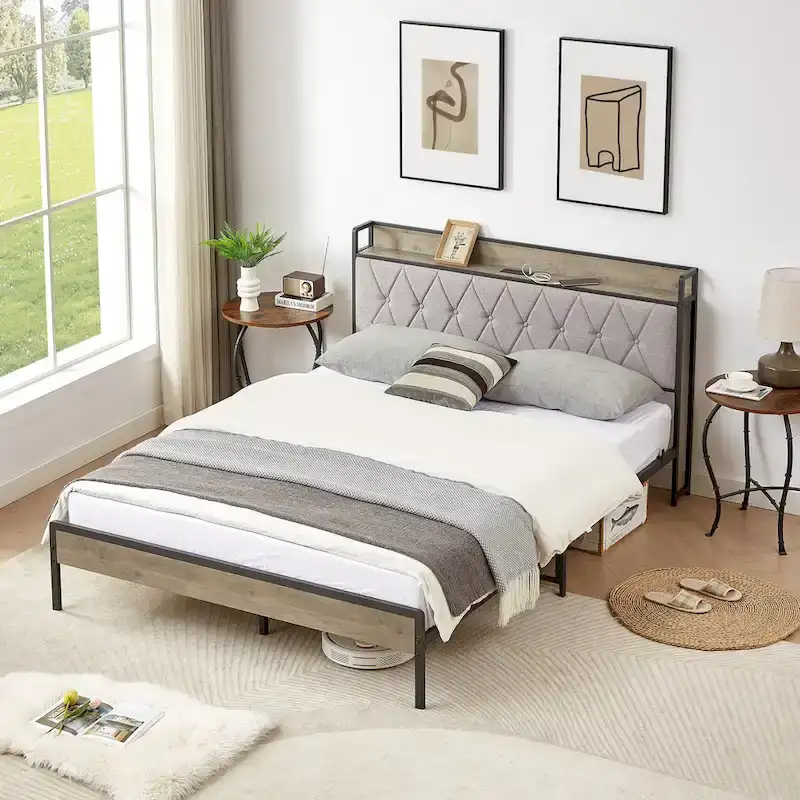 Grey & Queen Bed with Charging Station