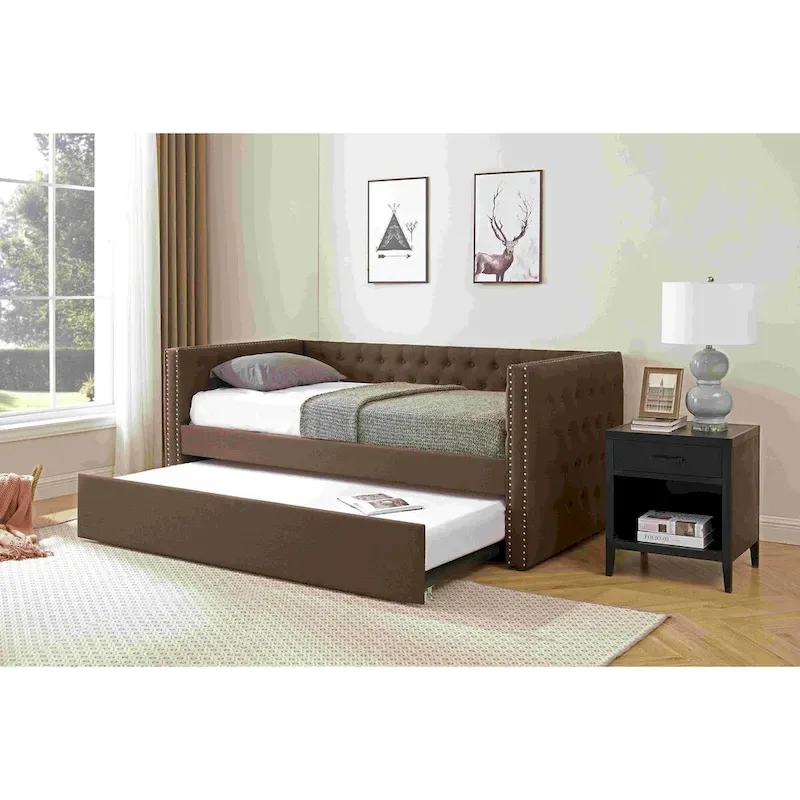 Upholstered Twin Daybed with Trundle - Button Tufted - Nailhead Trim