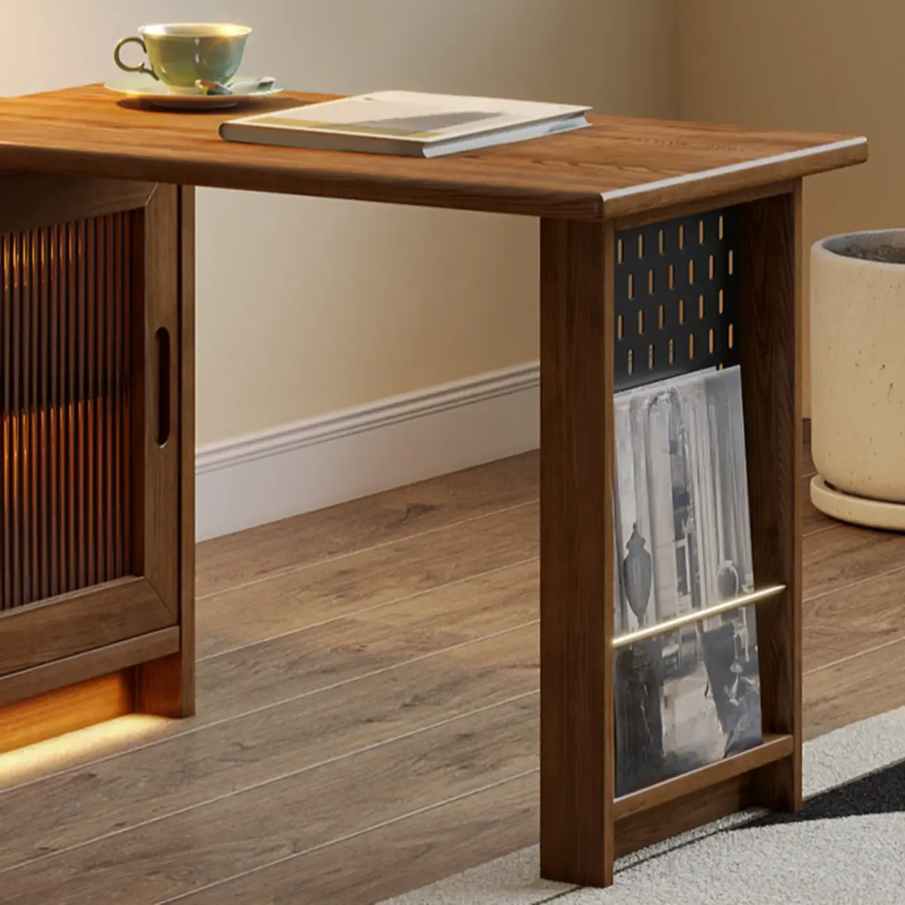 Extendable Long Brown Wood TV Stand with 2 Cabinets