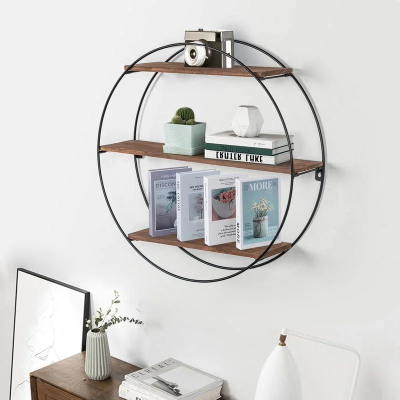 Black Hexagonal Floating Wall Shelf with 3 Wood Tiers