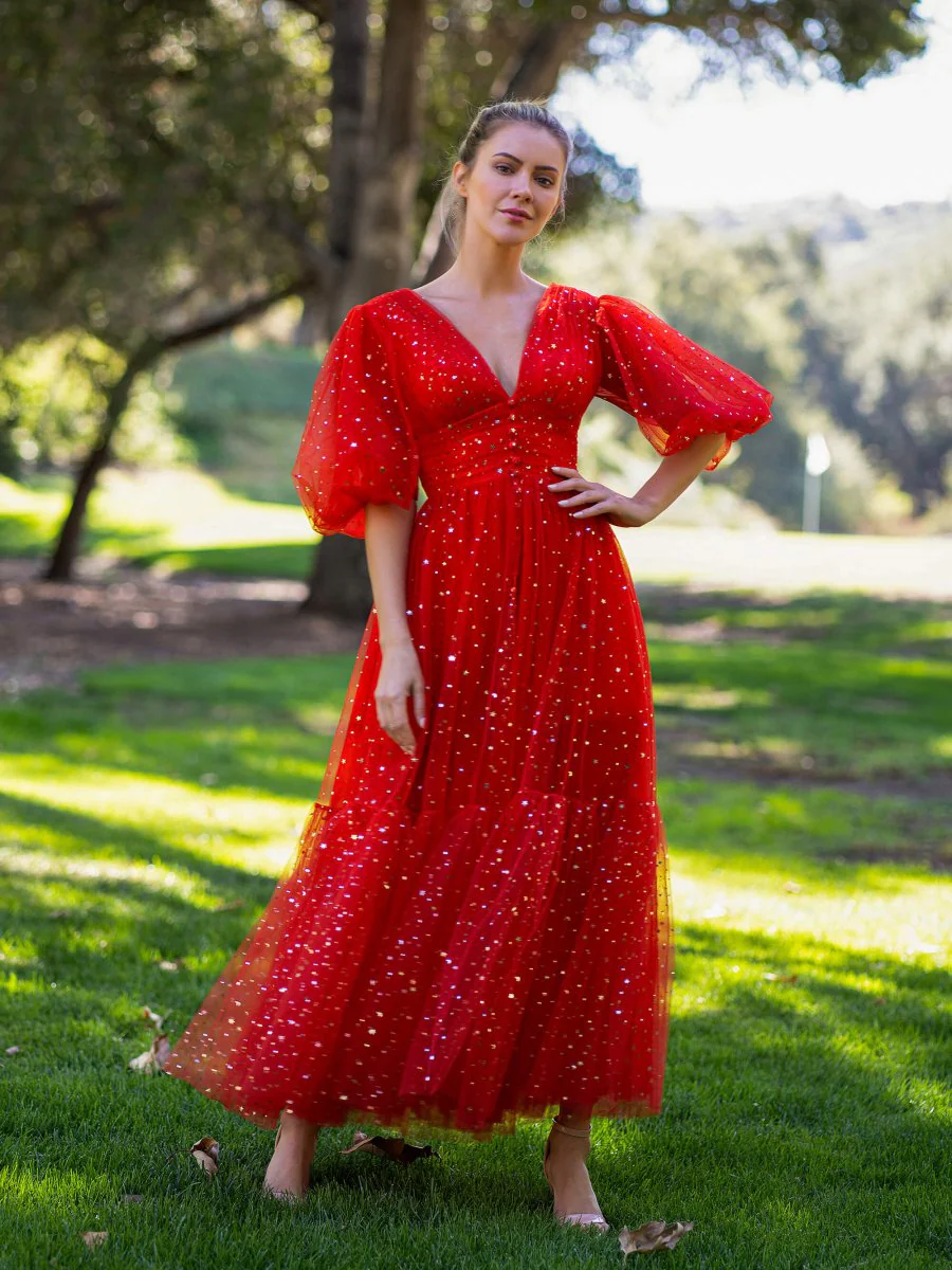 V-neck Glitter Ankle Length Tulle Prom Dress