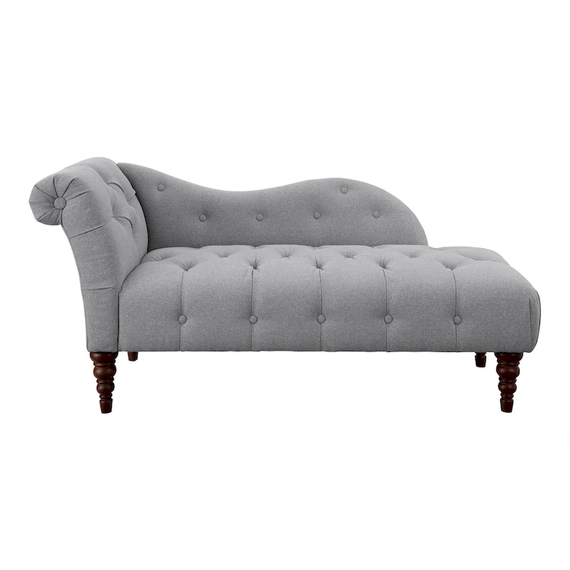 Selena 66 Inch Chaise Lounger, Tufted Gray Polyester, Brown Solid Wood