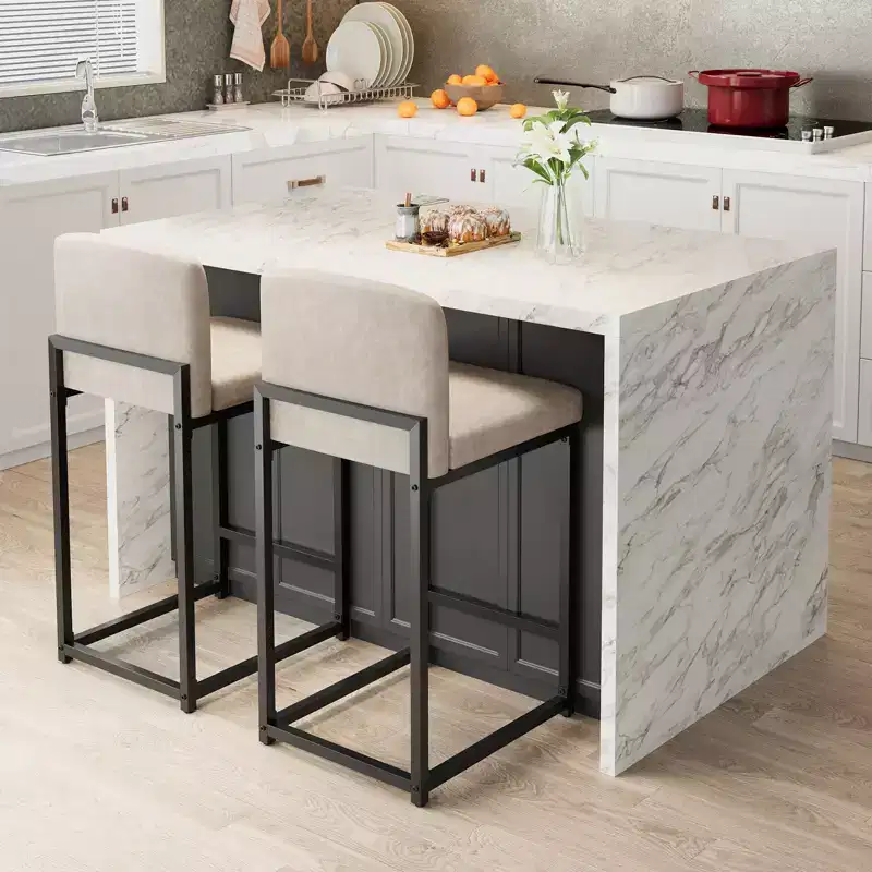 Modern Counter Height Bar Stools Set of 2, Cream Faux Leather Upholstered Chairs with Backrest and Footrest for Kitchen Island and Dining Room