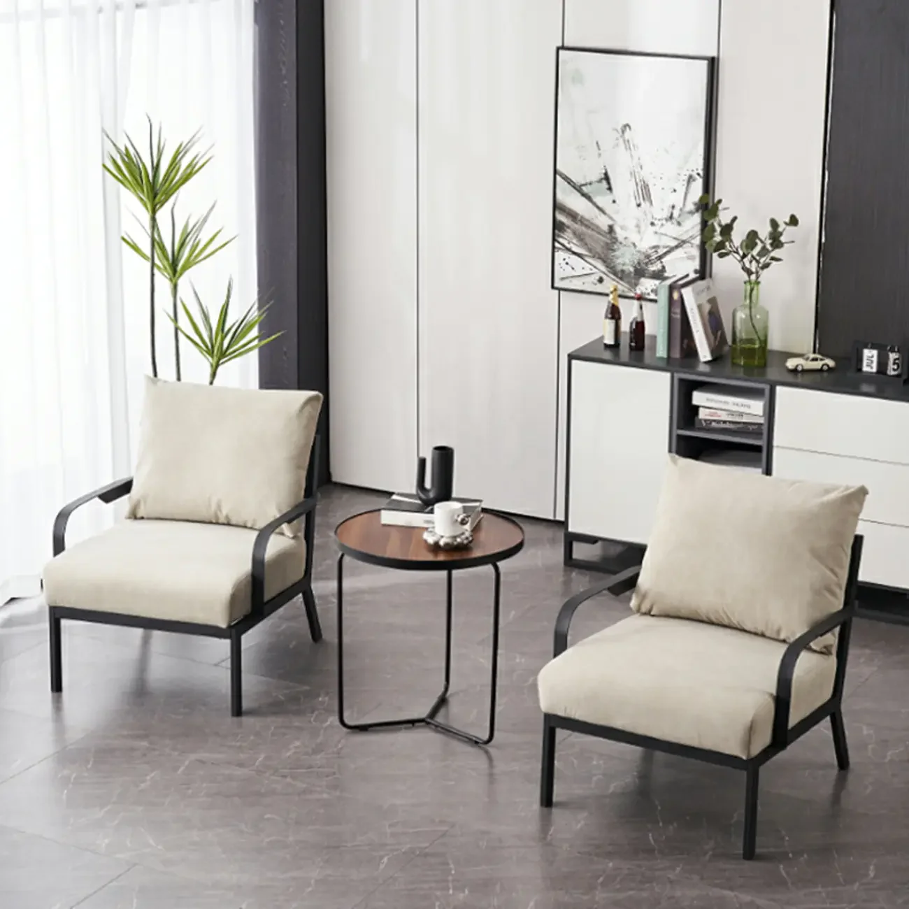 Modern Fabric Metal Arm Chair Beige Ergonomic Design