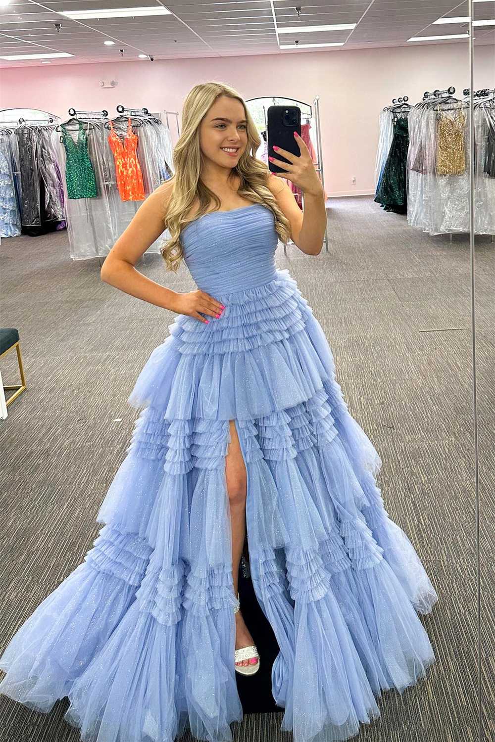 A-Line Strapless Tulle Long Prom Dress with Tiered Ruffles