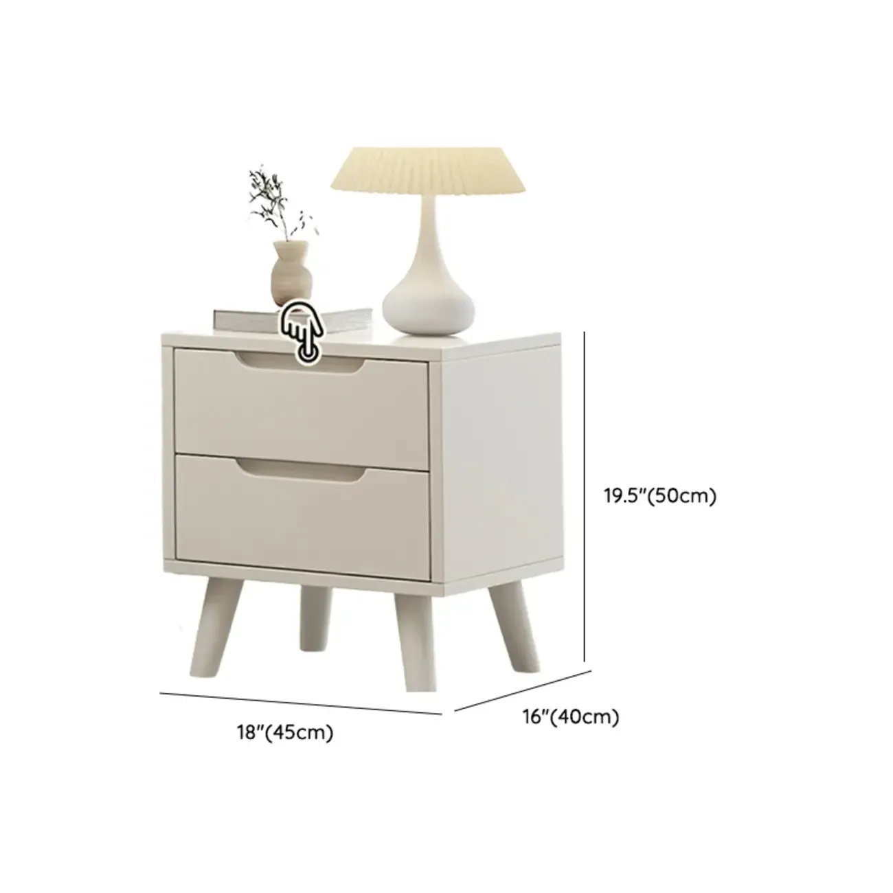 White Rubberwood 2 Drawers Narrow Nightstand with Legs