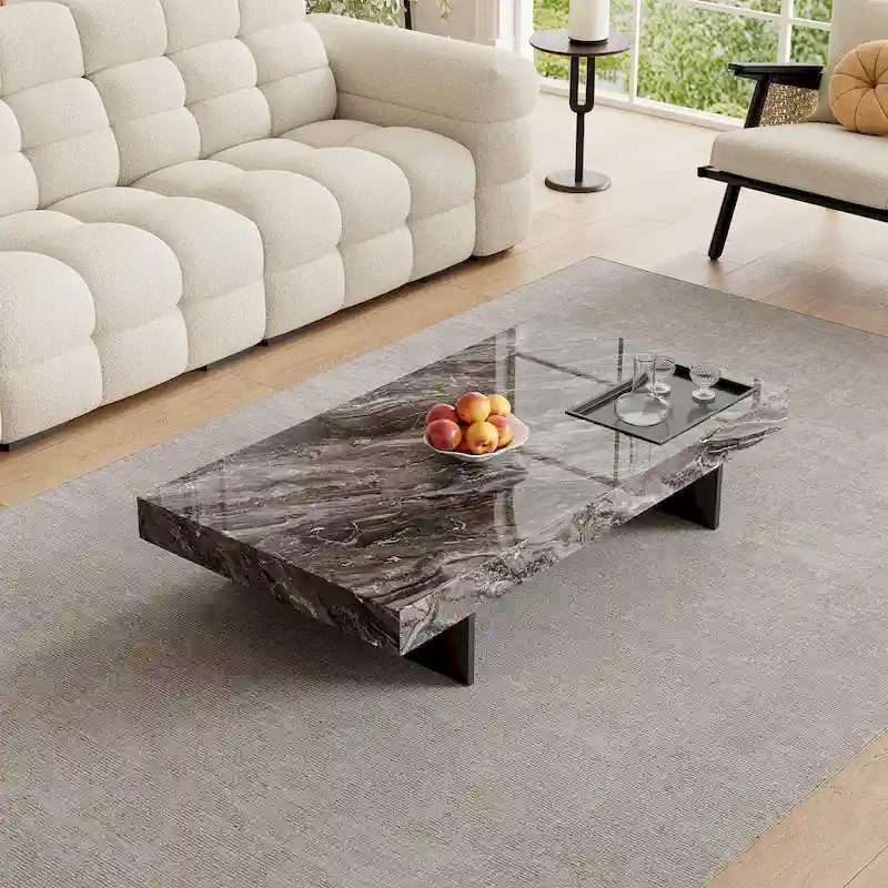 Modern 42 Faux Marble Square Coffee TableGlossy Sintered Stone Tabletop