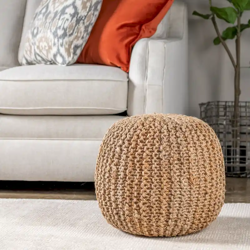 Tan Round Woven Jute Pouf, Single Seat