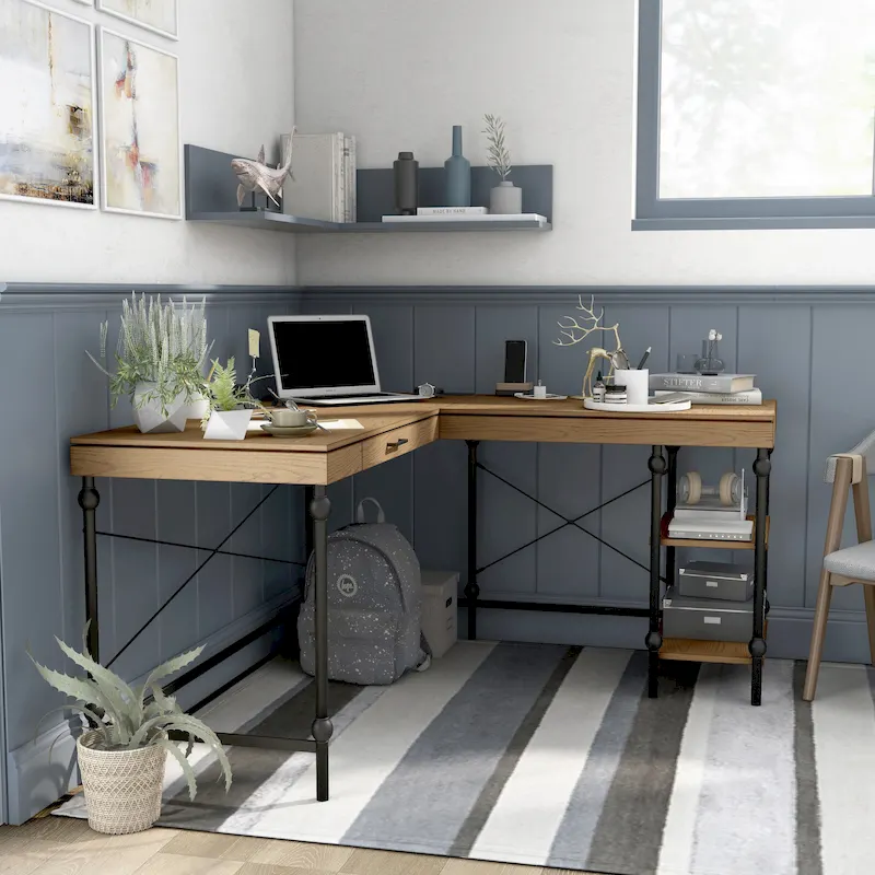 Haley Farmhouse 59-inch Metal L-Shaped Computer Desk with USBs by Furniture of America