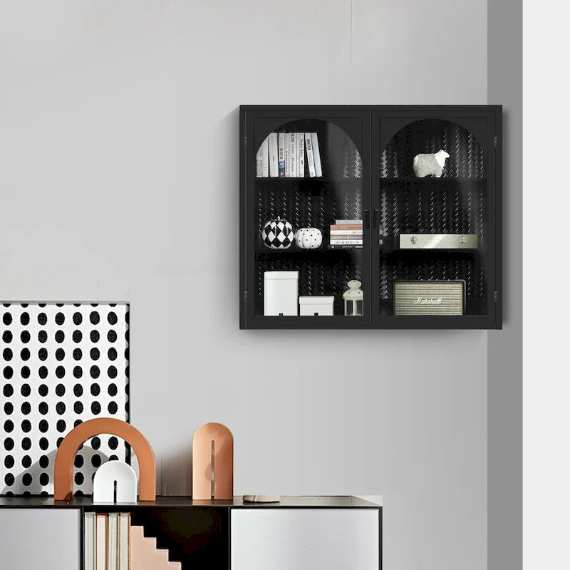 27.56 Glass Doors Modern Two-door Wall Cabinet with Featuring Three-tier Storage - N/A