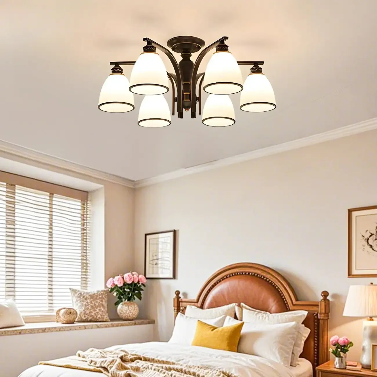 Traditional Black Down Bell Frosted Glass Semi Flush Mount Light