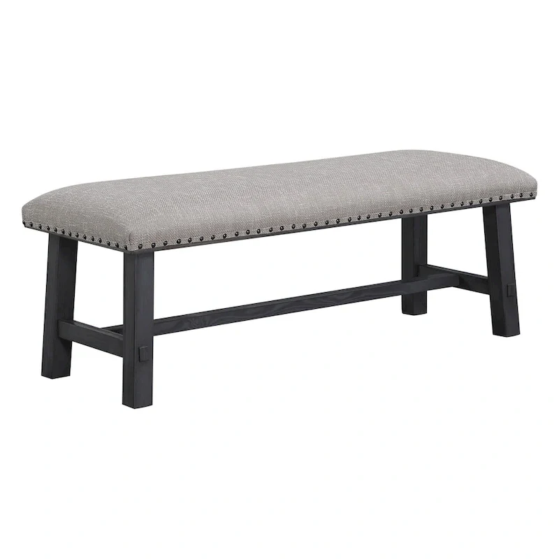 Home and Office Furniture Bench with Antique Grey Frame and Antique Bronze Nailhead Trim in Grey Fabric