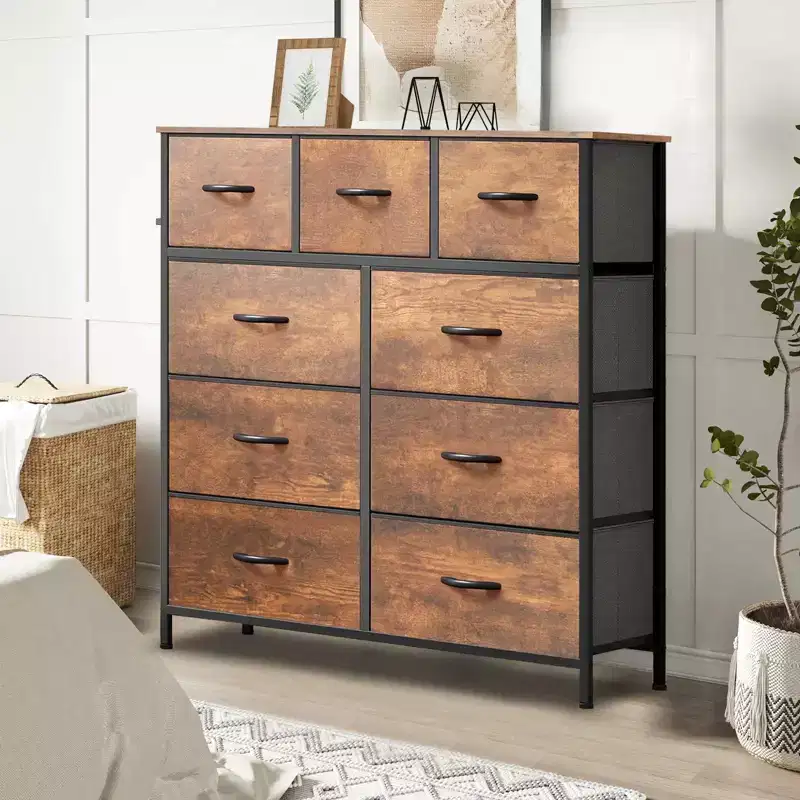 9-Drawer Fabric Dresser Steel Frame Storage Organizer Chest with Wood-Grain Top for Bedroom Closet
