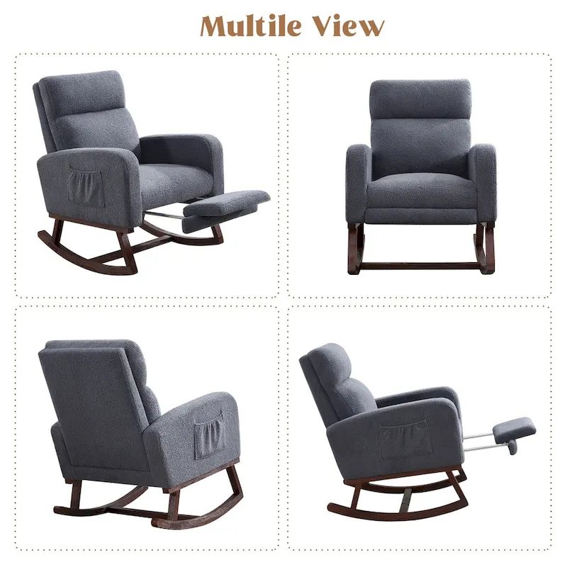 Linen Rocking Chair with Footrest and Side Pocket