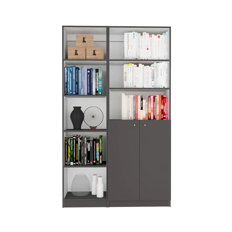 5-Shelf Narrow & 2-Door Cabinet Bookcase Set of 2 – Multi / Beige / Black / White