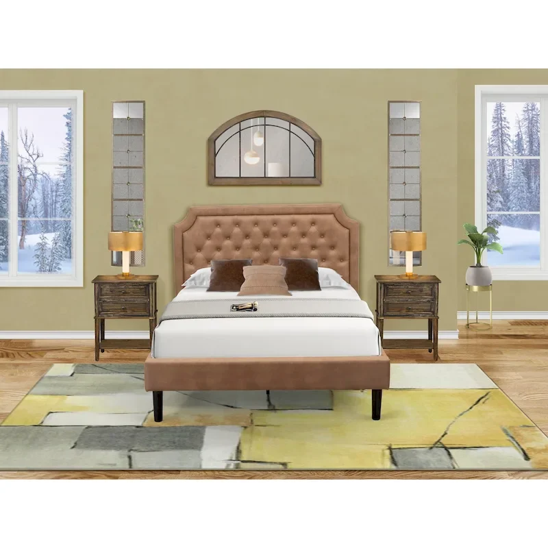 Bed Contains Brown Textured Upholstered Headboard, Footboard and Wood Rails, Slats - Wooden 9 Legs - Black Finish(Size Options)