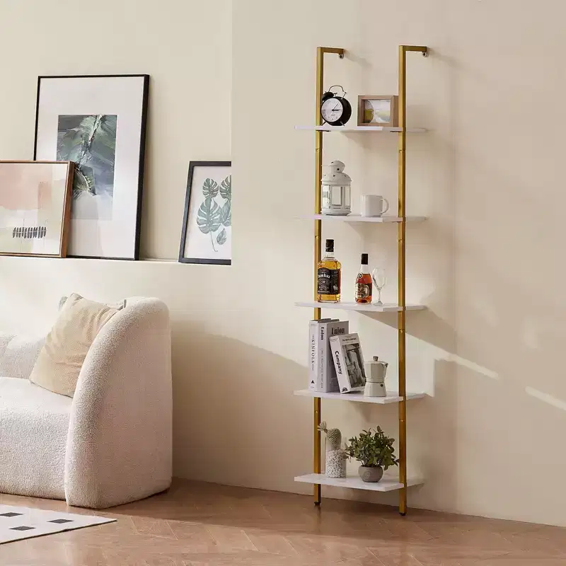 VEVOR Ladder Shelf, 5-Tier Bookshelf 15.6x11.8in, Open Wall-Mounted Ladder Shelf with Metal Frame,Storage Rack Sundries Holder, Gold White