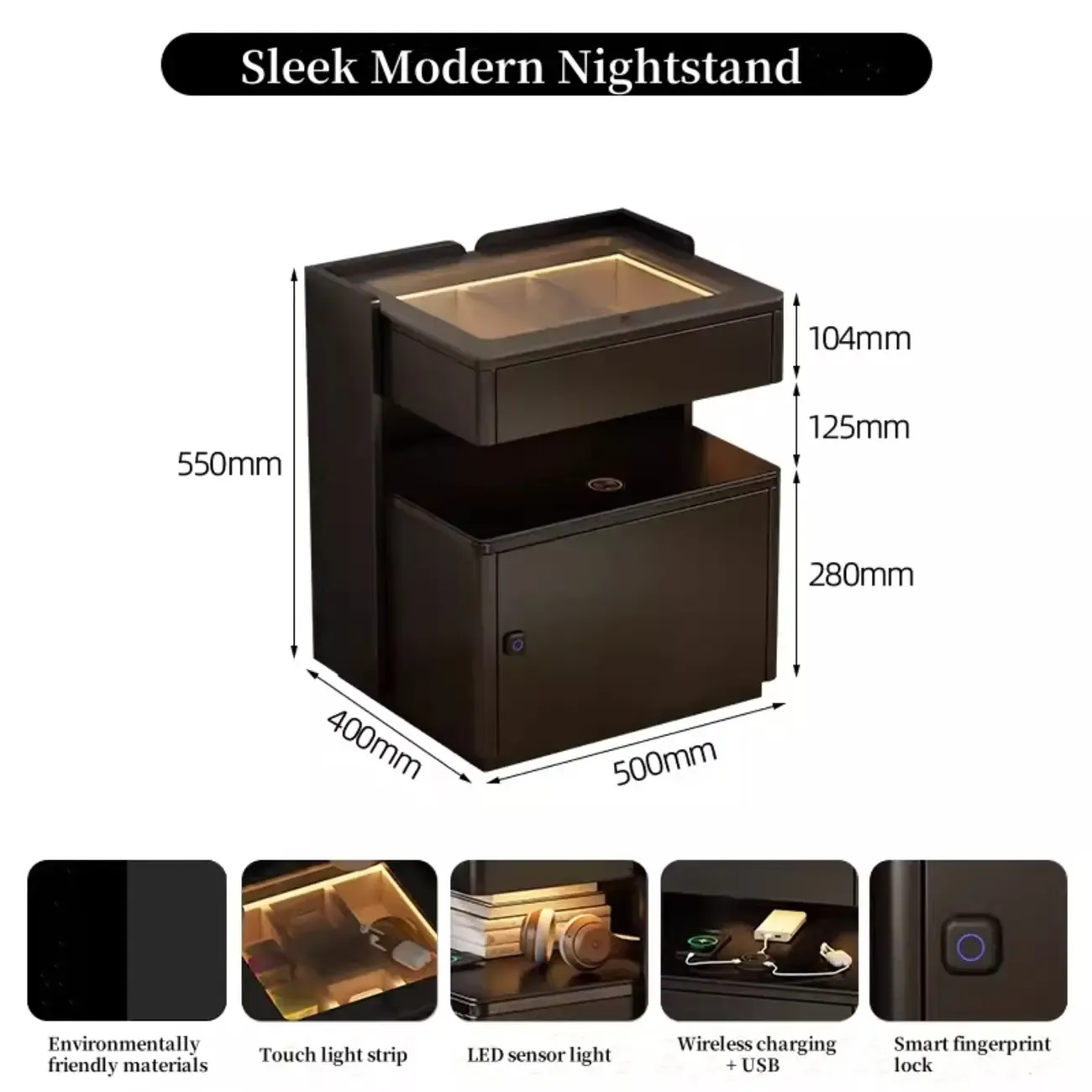 Modern Black Glass Top Drawer USB Nightstand with Cabinet