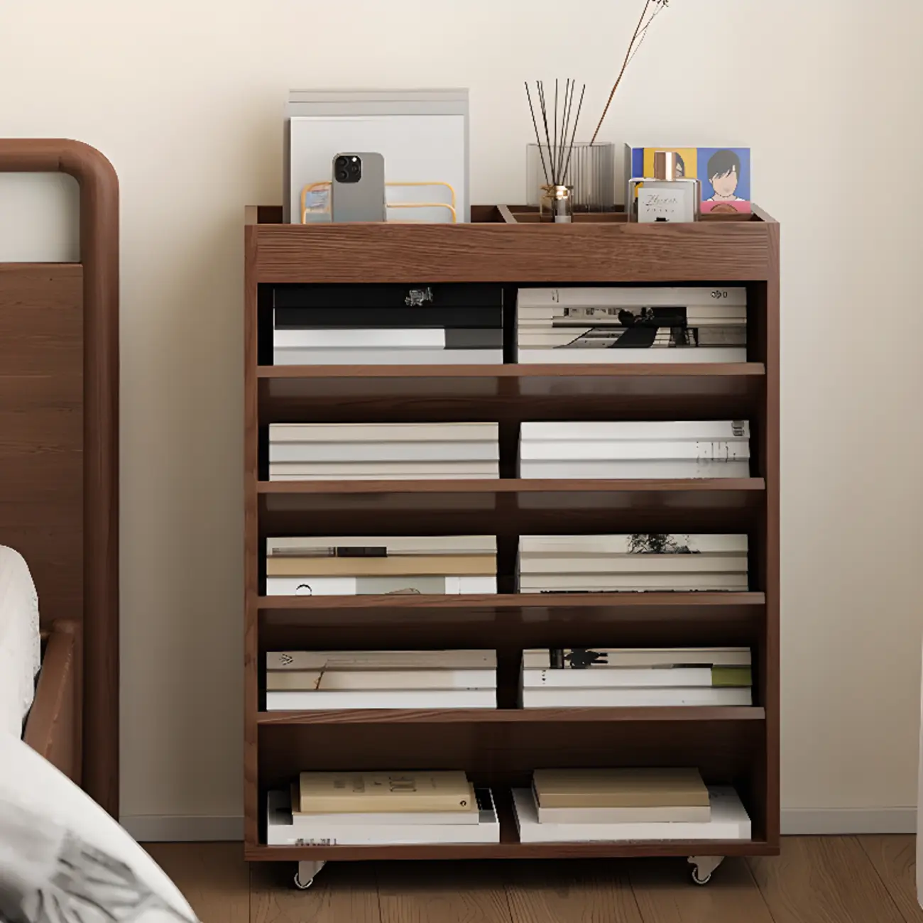 Mobile 5-Shelf Nut-Brown Wood Vertical Bookcase