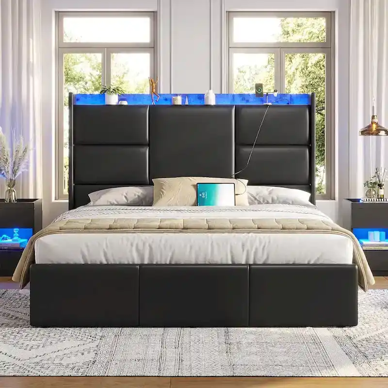 Black PU Leather Platform Bed with LED Lights and Charging Station