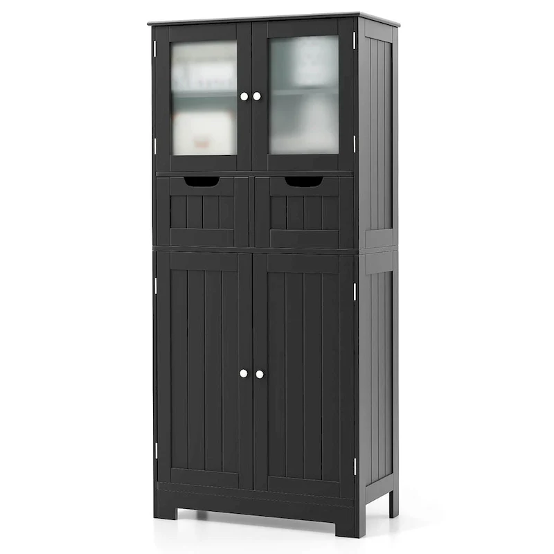 White/Grey/Black 4-Door Floor Storage Cabinet with 2 Drawers & Glass Doors, Single