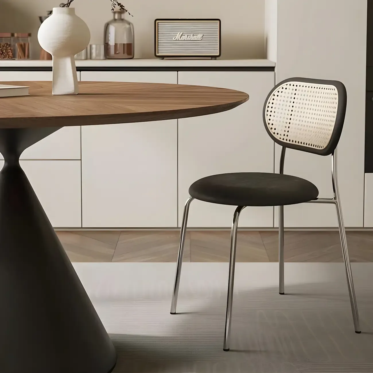 Brown Wood Round Dining Table with Black Metal Pedestal