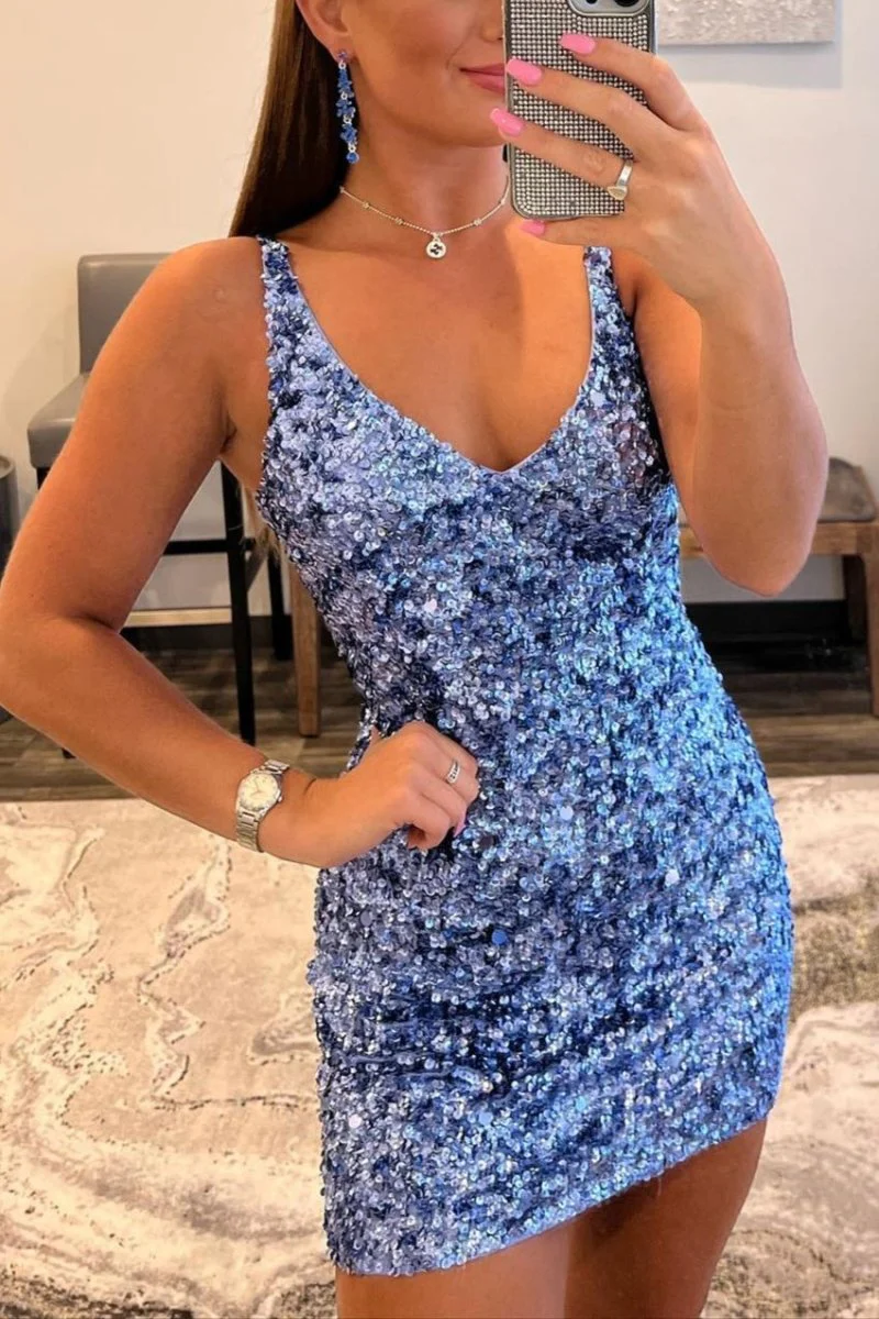 Light Blue Sheath Open Back Sequins Tight Mini Party Dresses