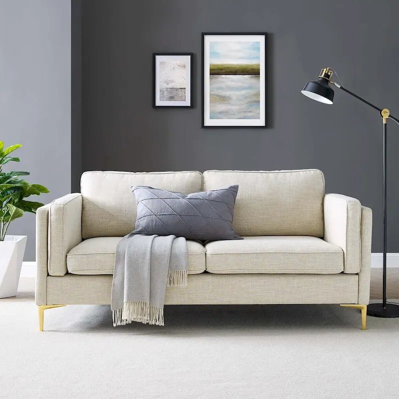Beige / Light Gray / White Mid-Century 3-Seat Fabric Sofa