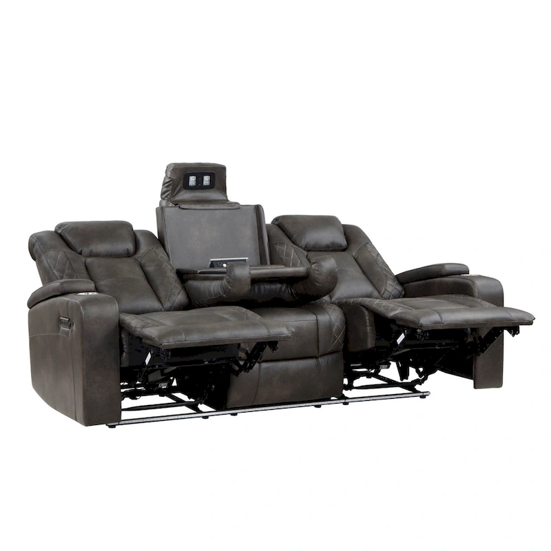 Mia 83 Inch Power Double Recliner Sofa, Gray Faux Leather, USB, Drop Table