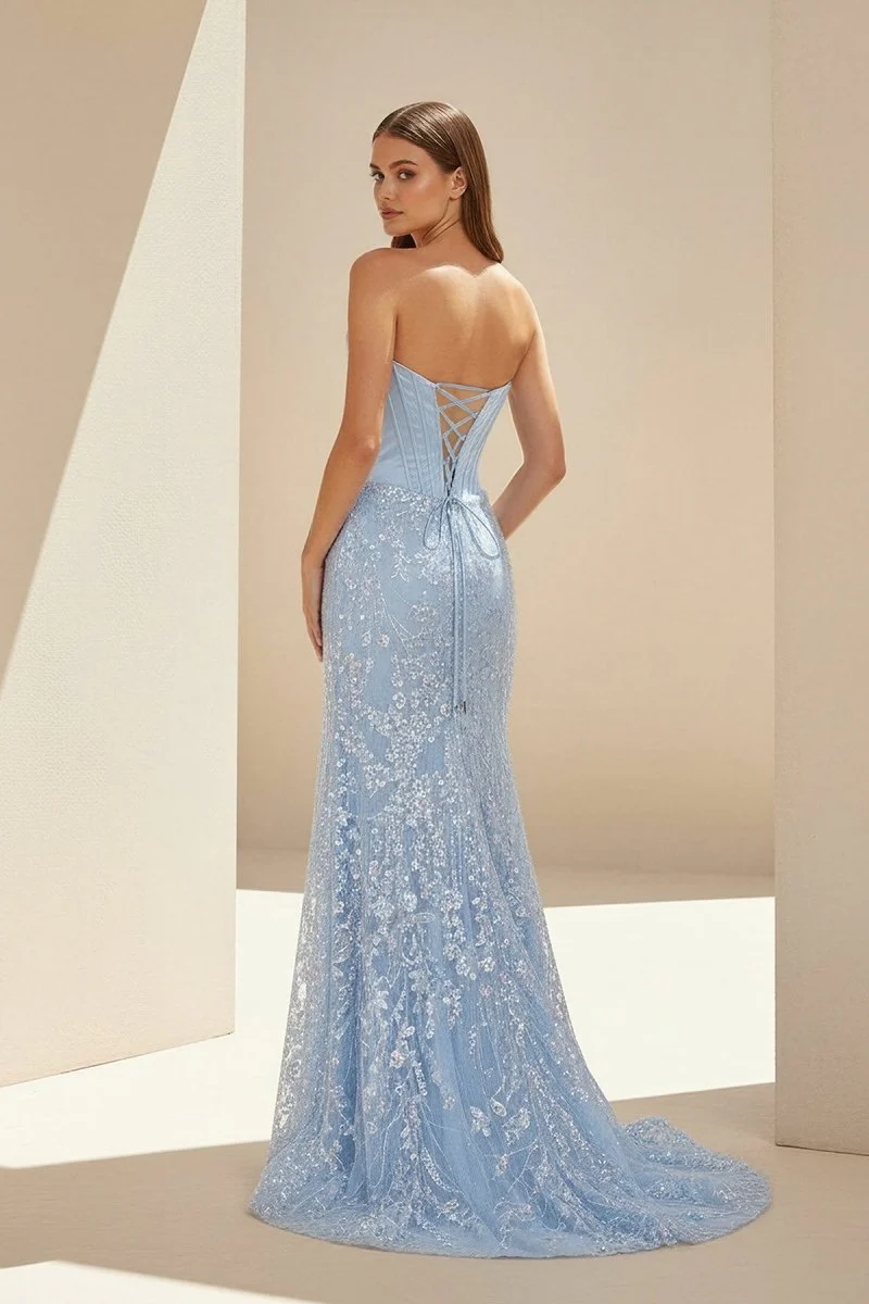 Sky Blue Strapless Mermaid Sequined Lace Long Formal Prom Dresses With Slit
