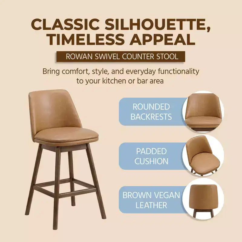 ROME + OAK Rowan 26 Inch Swivel Counter Height Stool in Walnut Finish with Brown Vegan Leather Upholstery Seat - Kitchen or Dining Room Furniture