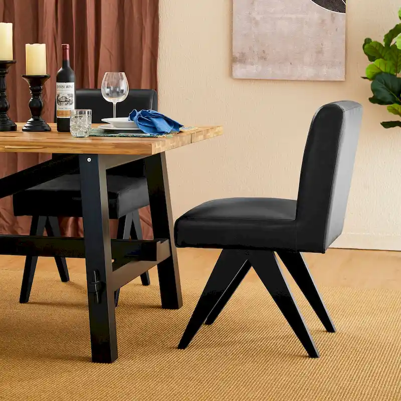 Glitzhome Set of 4 Faux Leather Upholstered Side Dining Chairs with V-shaped Wood Legs