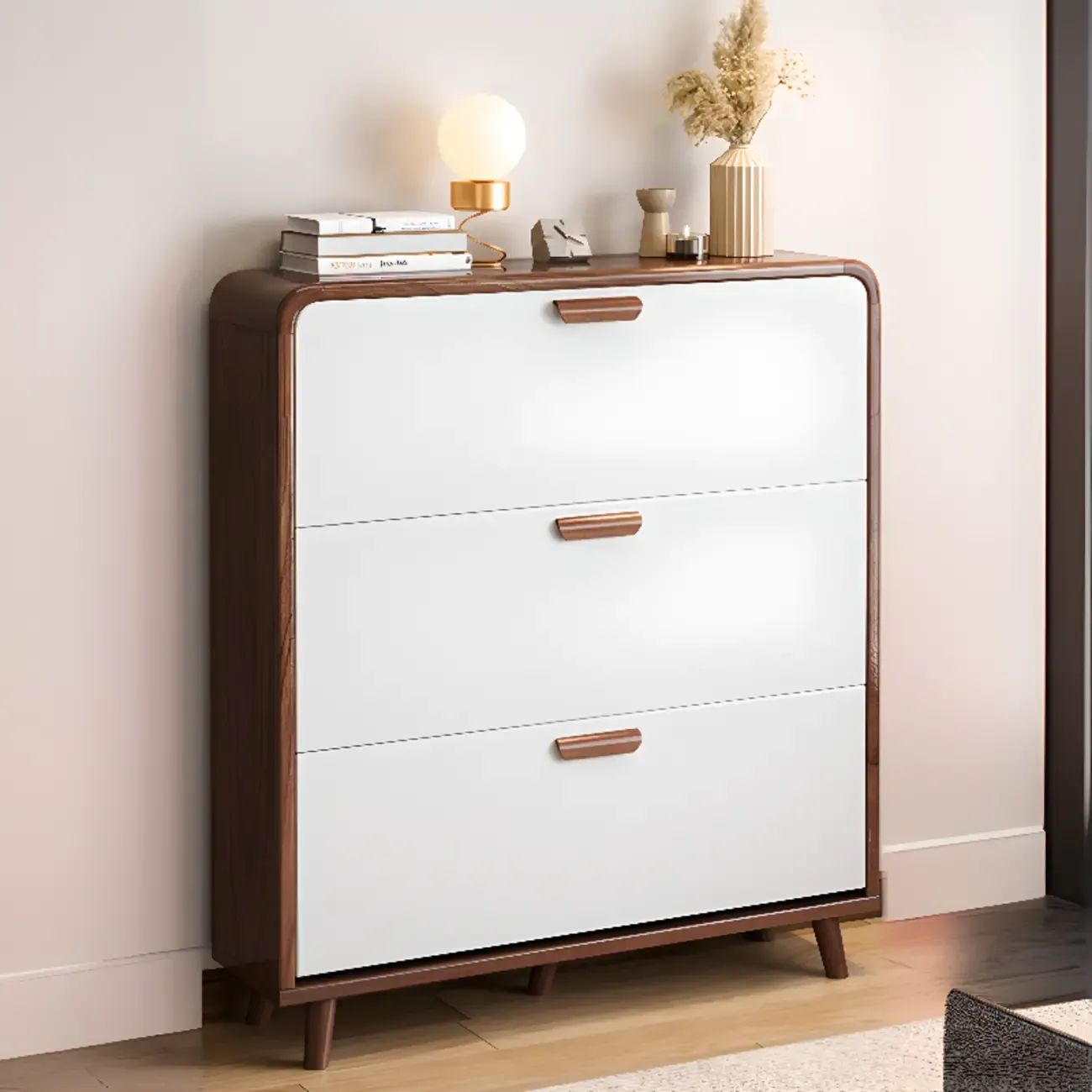 Traditional Hidden Adjustable 3 Tiers Solid Wood Shoe Cabinet